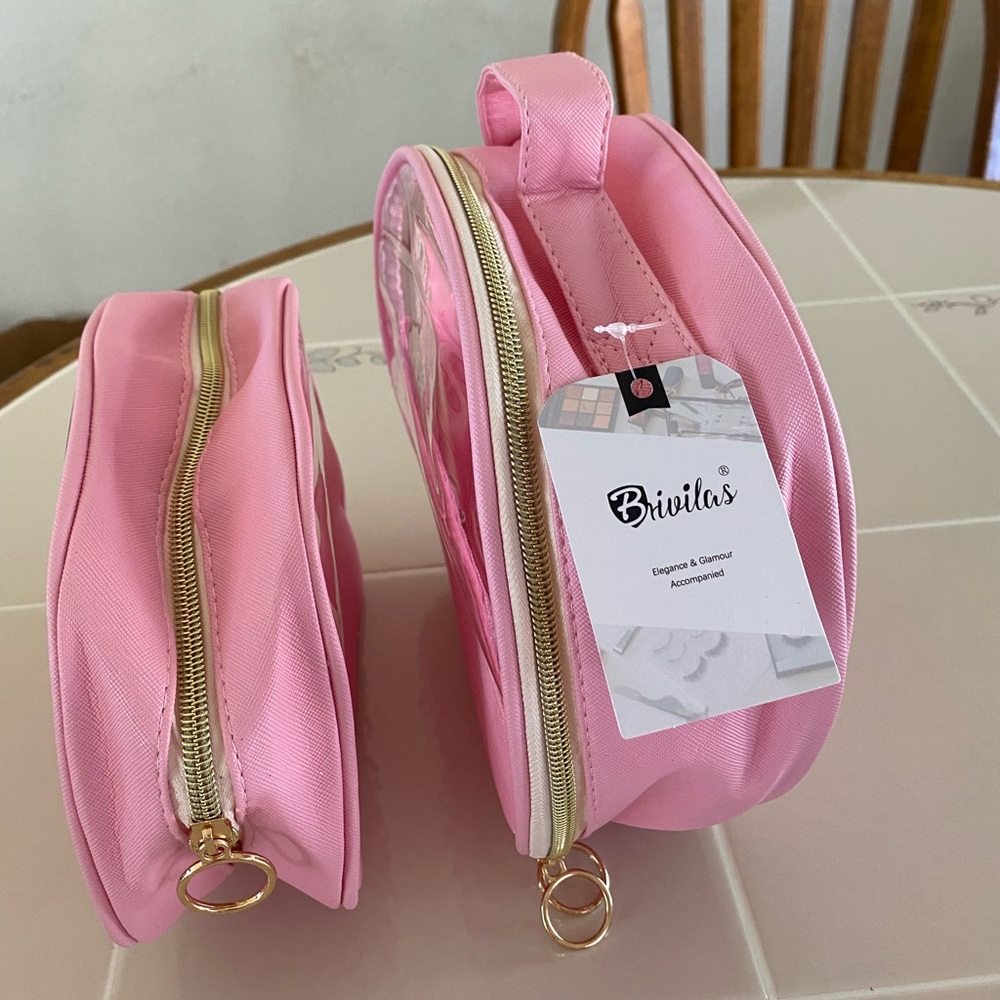 2 Pcs. Elegance Makeup Bag Zipper Color Transparent With Pink (New)